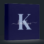 Modern Navy Blue Script Monogram Binder<br><div class="desc">This simple, elegant navy blue 1" capacity 3 ring binder with your first name in a trendy script font in white typed over your first initial in a modern cap font in light blue is perfect for keeping your recipes, photos, papers neat and tidy. It's stylish and trendy and yet...</div>