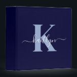 Modern Navy Blue Script Monogram Binder<br><div class="desc">This simple, elegant navy blue 2" capacity 3 ring binder with your first name in a trendy script font in white typed over your first initial in a modern cap font in light blue is perfect for keeping your recipes, photos, papers neat and tidy. It's stylish and trendy and yet...</div>