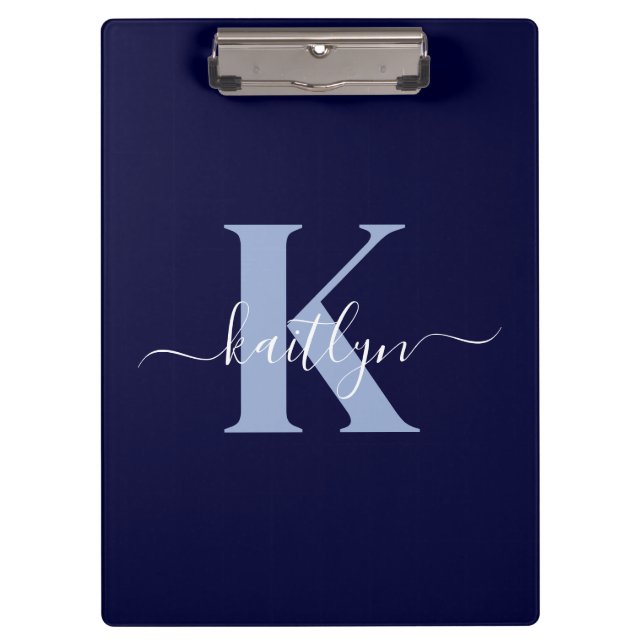 Modern Navy Blue Script Monogram Clipboard (Front)