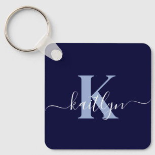 Modern Navy Blue Script Monogram Keychain