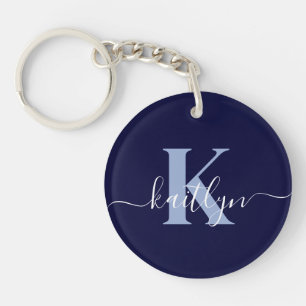 Modern Navy Blue Script Monogram Keychain