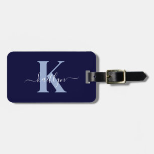 Modern Navy Blue Script Monogram Luggage Tag