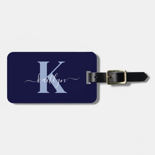 Modern Navy Blue Script Monogram Luggage Tag (Front Horizontal)