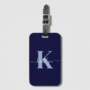 Modern Navy Blue Script Monogram Luggage Tag