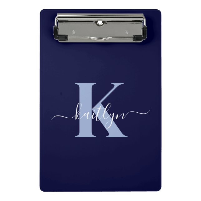 Modern Navy Blue Script Monogram Mini Clipboard (Front)