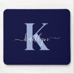 Modern Navy Blue Script Monogram Mouse Pad<br><div class="desc">This simple, elegant navy blue mousepad with your first name in a trendy script font in white typed over your first initial in a modern cap font in light blue is perfect for your office/desk. It's stylish and trendy and yet very classic.</div>