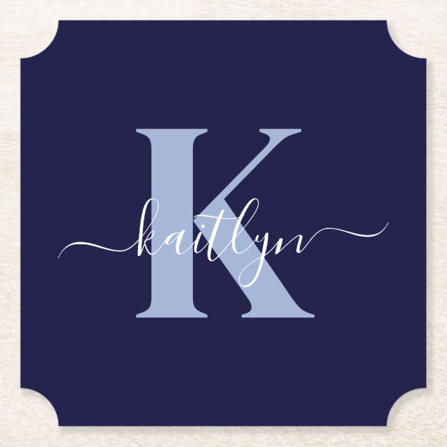 Modern Navy Blue Script Monogram Paper Coaster (Front)