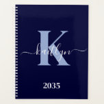 Modern Navy Blue Script Monogram Planner<br><div class="desc">This simple, elegant navy blue 8.5 x 11 soft planner with your first name in a trendy script font in white typed over your first initial in a modern cap font in light blue is perfect for you. It's stylish and trendy and yet very classic. It will make keeping appointments,...</div>