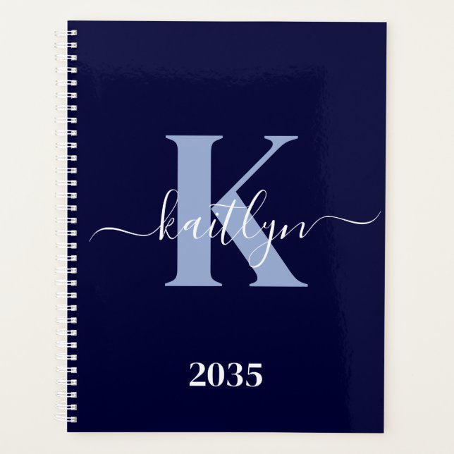 Modern Navy Blue Script Monogram Planner (Front)