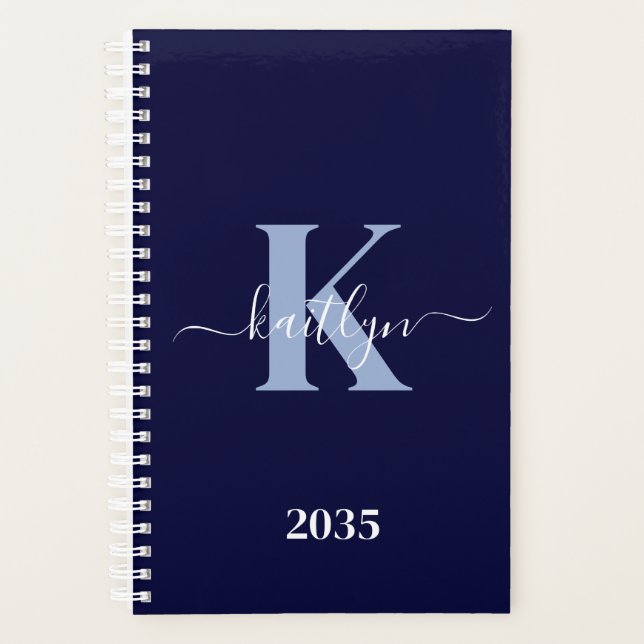 Modern Navy Blue Script Monogram Planner (Front)