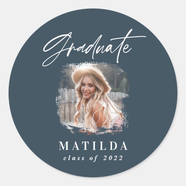 Modern navy blue script photo elegant graduation classic round sticker (Front)