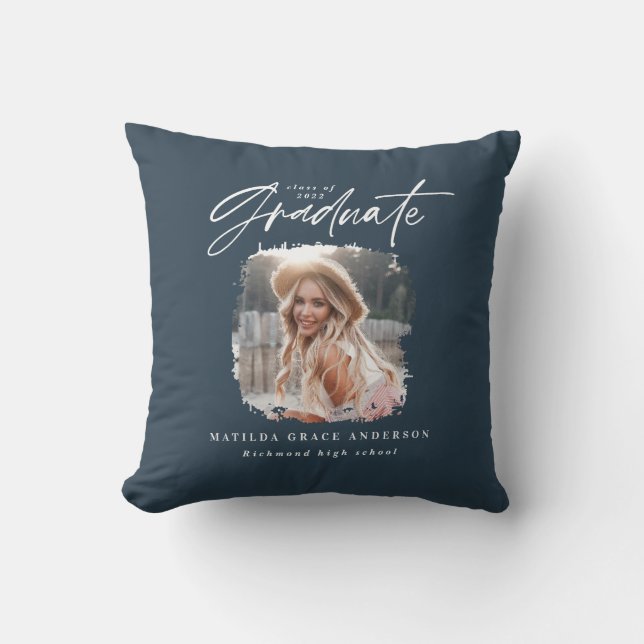 Modern navy blue script photo elegant graduation throw pillow (Front)