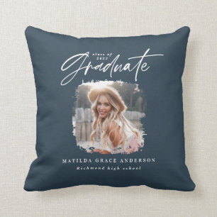 Modern navy blue script photo elegant graduation throw pillow