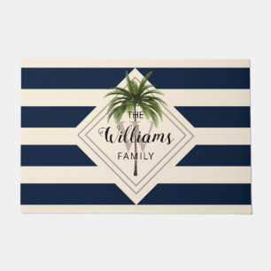 Modern Navy Blue Script Tropical Palm Monogram Doormat