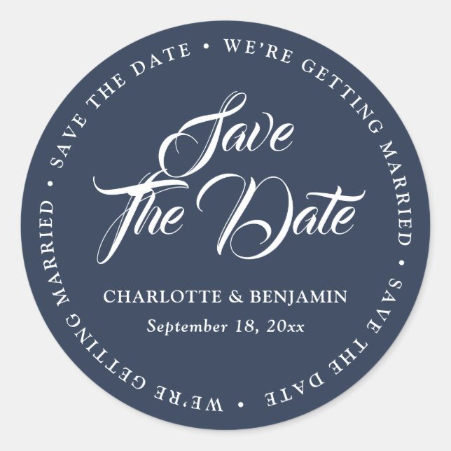 Modern Navy Blue Script Wedding Envelope Seals (Front)