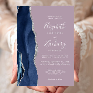 Modern Navy Blue Silver Agate Mauve Wedding Invitation