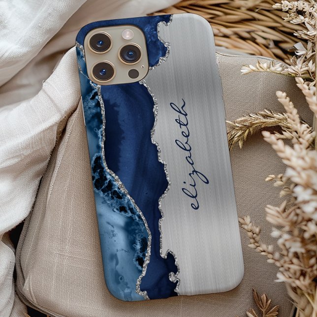 Modern Navy Blue Silver Agate Metallic Case-Mate iPhone Case (Creator Uploaded)