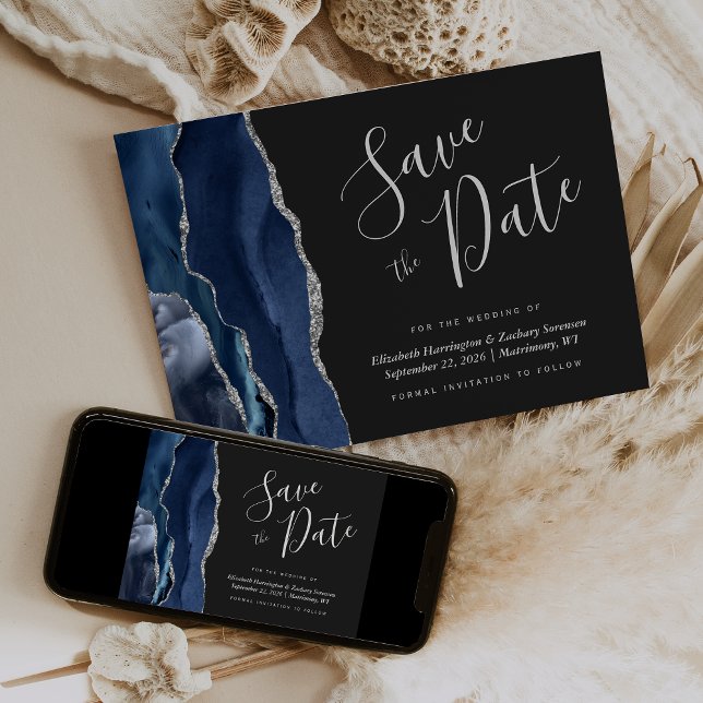 Modern Navy Blue Silver Agate Save the Date Card (Creator Uploaded)
