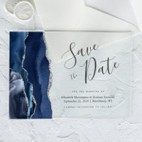 Modern Navy Blue Silver Agate Save the Date Card