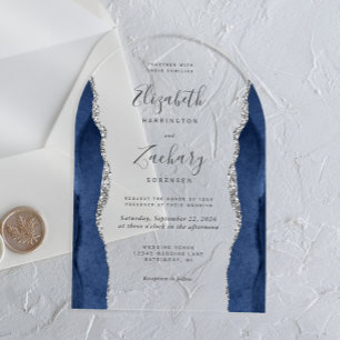 Modern Navy Blue Silver Agate Wedding Arch Acrylic Invitations