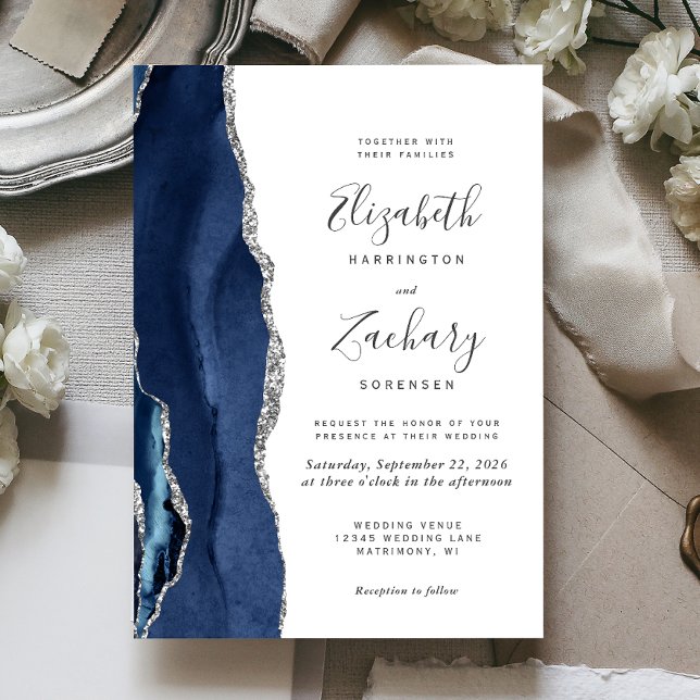 Modern Navy Blue Silver Agate Wedding Invitation (The perfect choice for a navy blue and silver themed wedding.)