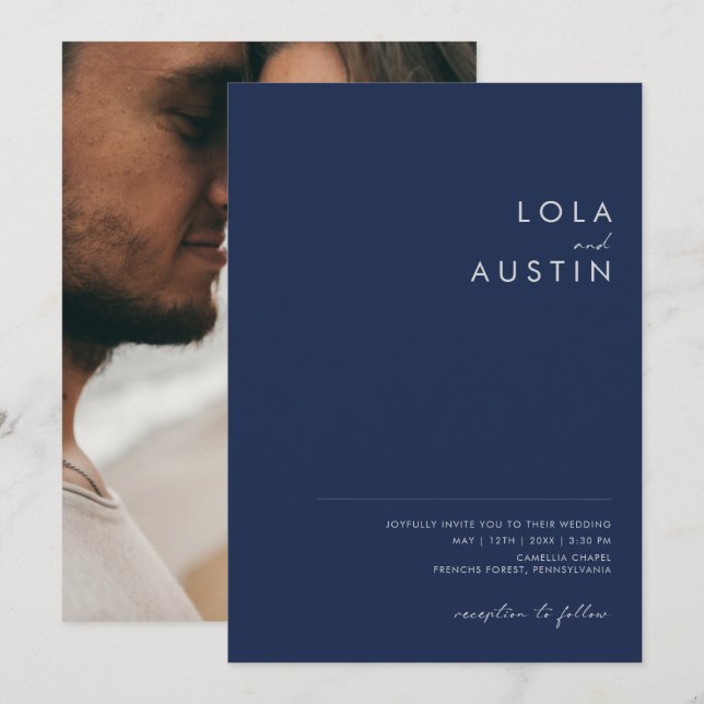 Modern Navy Blue Silver Casual Photo Wedding Invitation (Front/Back)