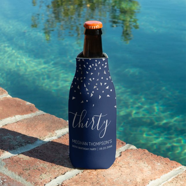 Modern Navy Blue Silver Confetti 30th Birthday Bottle Cooler (In Situ Pool)
