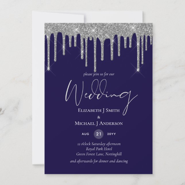 Modern Navy Blue Silver Dripping Glitter Wedding (Front)