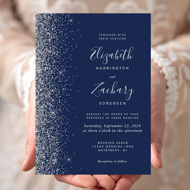 Modern Navy Blue Silver Glitter Edge Wedding Invitation (Creator Uploaded)