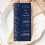 Modern Navy Blue Silver Glitter Edge Wedding Menu<br><div class="desc">The left-hand edge of this elegant modern wedding menu features a silver faux glitter design. The customizable text combines silver grey handwriting,  copperplate and italic fonts on a navy blue background. The reverse side features a matching navy blue and silver glitter design.</div>