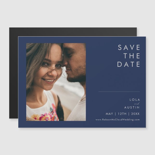 Modern Navy Blue | Silver Horizontal Save The Date Magnetic Invitation (Front/Back)
