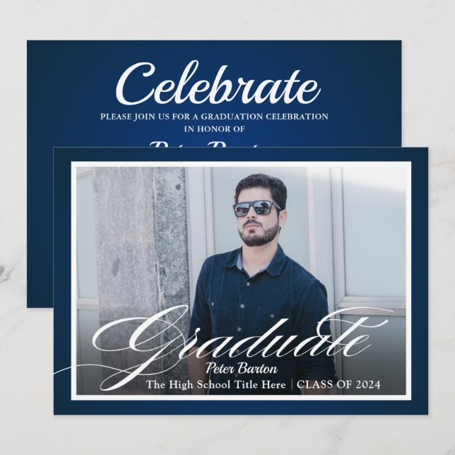 Modern Navy Blue Silver Script Photo Grad Party Invitation (Front/Back)
