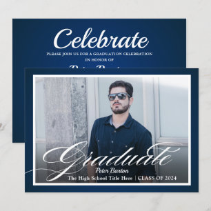 Modern Navy Blue Silver Script Photo Grad Party Invitation