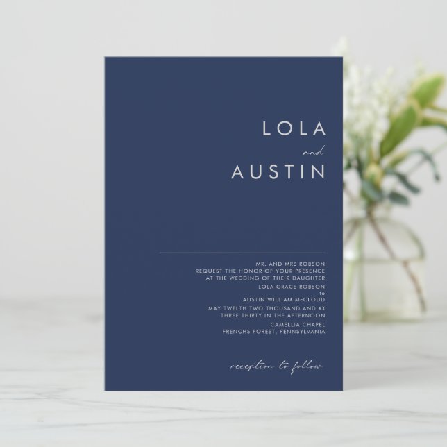 Modern Navy Blue Silver Traditional Wedding Invitation (Standing Front)