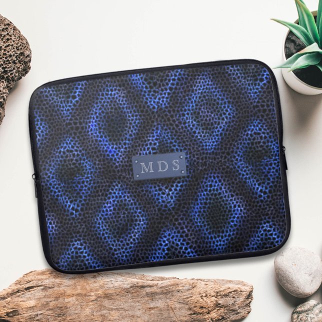 Modern Navy Blue Snakeskin Monogram Laptop Sleeve (Cool Blue Abstract Pattern Faux Snakeskin Monogram laptop sleeve just for your initials)