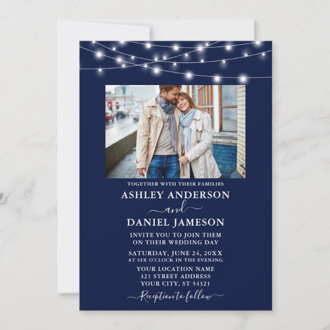 Modern Navy Blue String Lights Photo Wedding Invitation (Front)