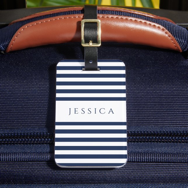 Modern Navy Blue Striped Pattern Luggage Tag (Front Insitu 2)