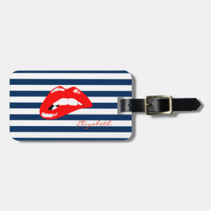 Modern Navy Blue Striped  -Red  Lips,Personalized Luggage Tag