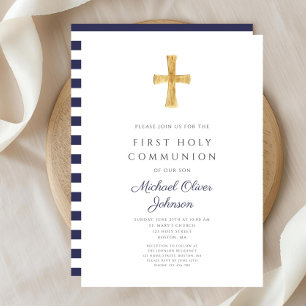 Modern Navy Blue Stripes Cross Boy First Communion Invitation