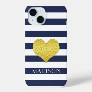 Modern Navy Blue Stripes Gold Heart Name iPhone 15 Case