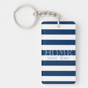 Modern Navy Blue Stripes ,Home Sweet Home Keychain