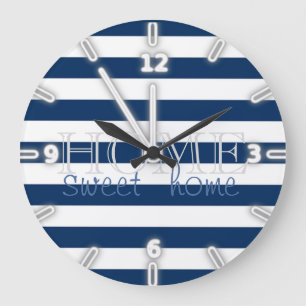 Modern Navy Blue  Stripes ,Home Sweet Home Large Clock