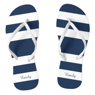 Modern Navy Blue Stripes Name Flip Flops