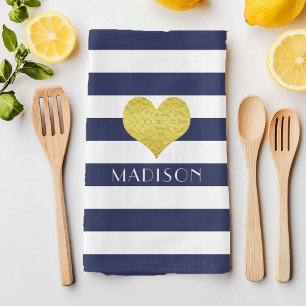 Modern Navy Blue Stripes Name Kitchen Towel