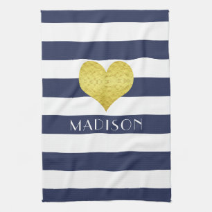 Modern Navy Blue Stripes Name Kitchen Towel