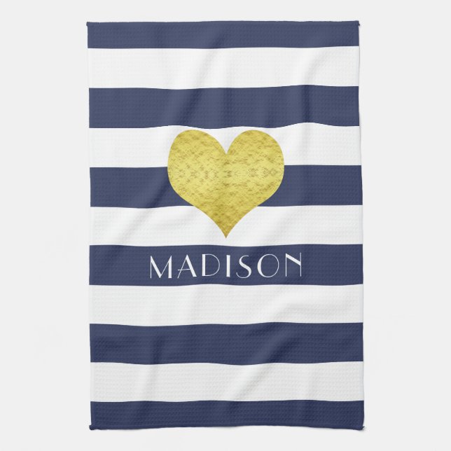 Modern Navy Blue Stripes Name Kitchen Towel (Vertical)