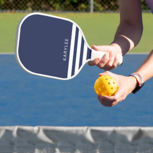 Modern Navy Blue Stripes Personalized Pickleball Paddle