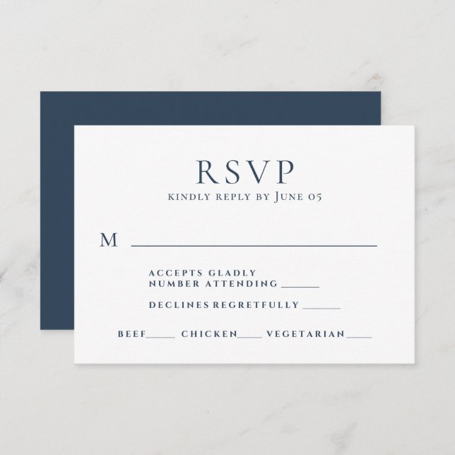 Modern Navy Blue Text Meal Choice Wedding RSVP Card (Front/Back)