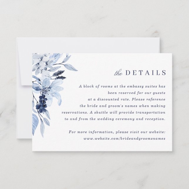 Modern Navy Blue Watercolor Floral Insert Details Invitation (Front)