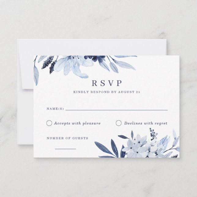 Modern Navy Blue Watercolor Floral RSVP Response Invitation (Front)